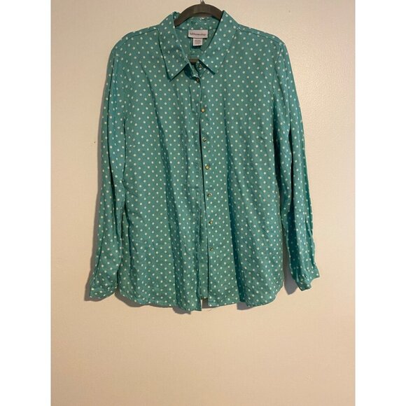 Soft Surroundings Women’s XL Button-Up Green White Polka Dot Linen Top Career - Picture 2 of 9